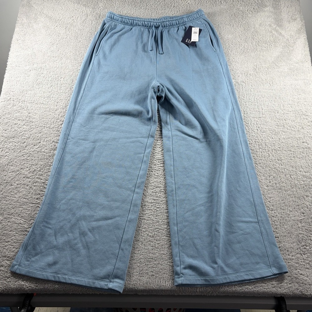 Gap Fleece Wide-Leg Pants Sweatpants Large Blue‎ Rib Waist Baggy Loose NWT